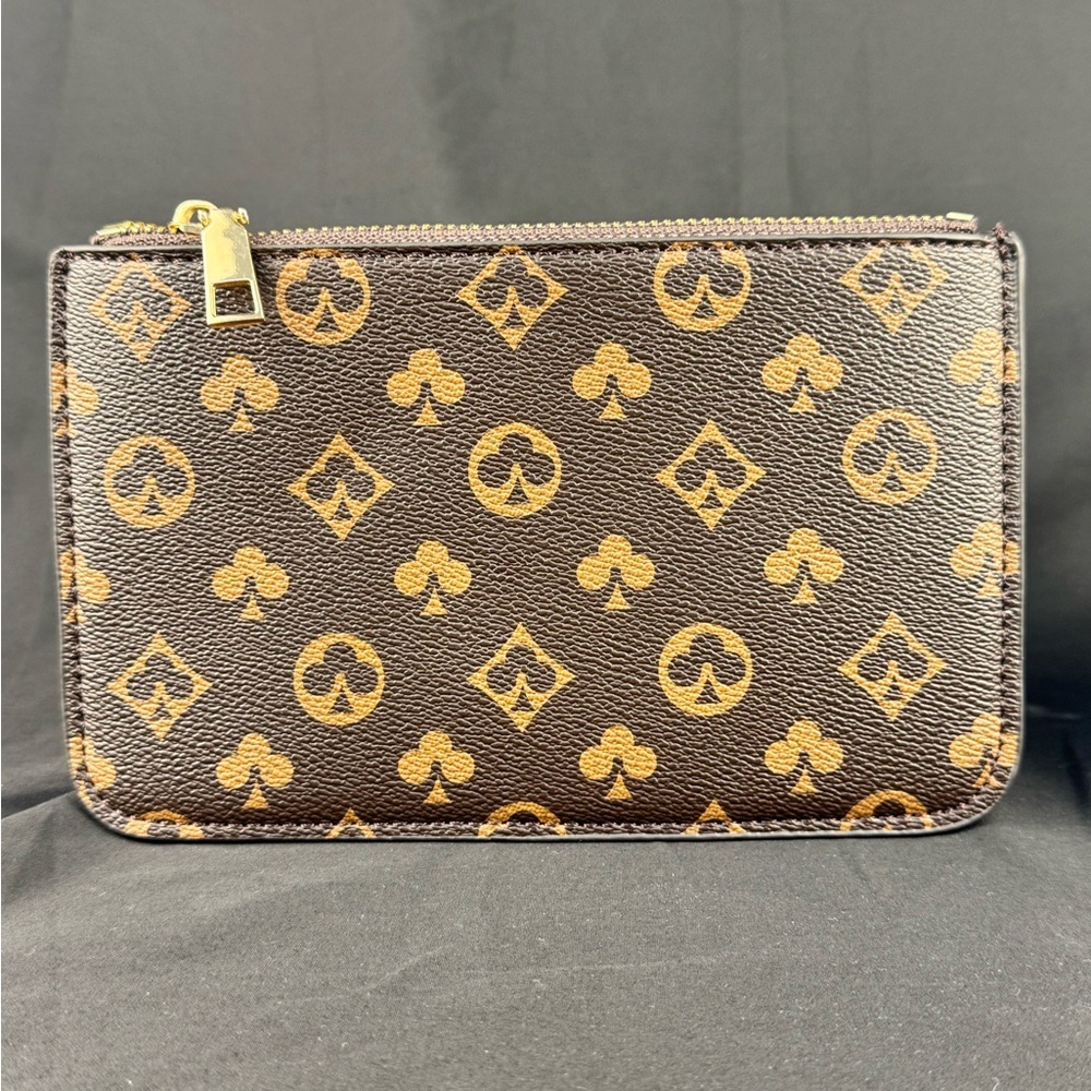 Dark Brown with Cream Colored Checkered pattern circles, diamond and aces pouch